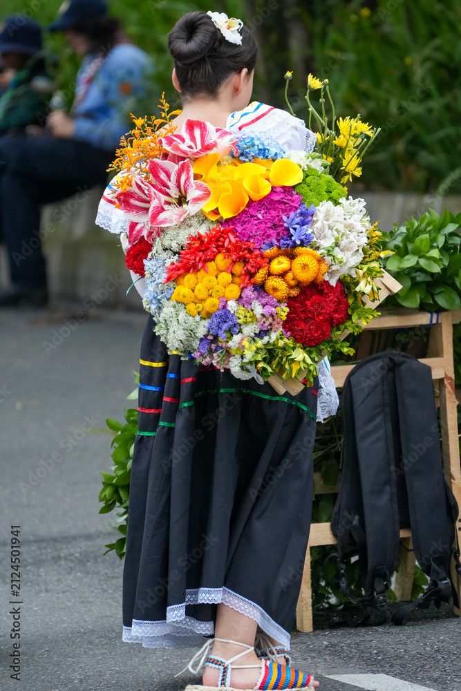Fototapeta premium Rear view of a young Colombian silletera carrying a large colorful traditional flower arrangement on her back during the famous Flower Festival parade in Medellin Colombia