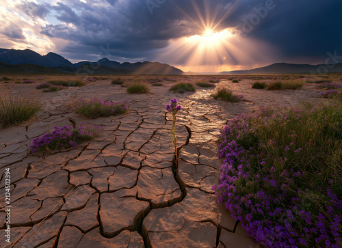 Flower growing in cracked dry land under dramatic sky and sun rays