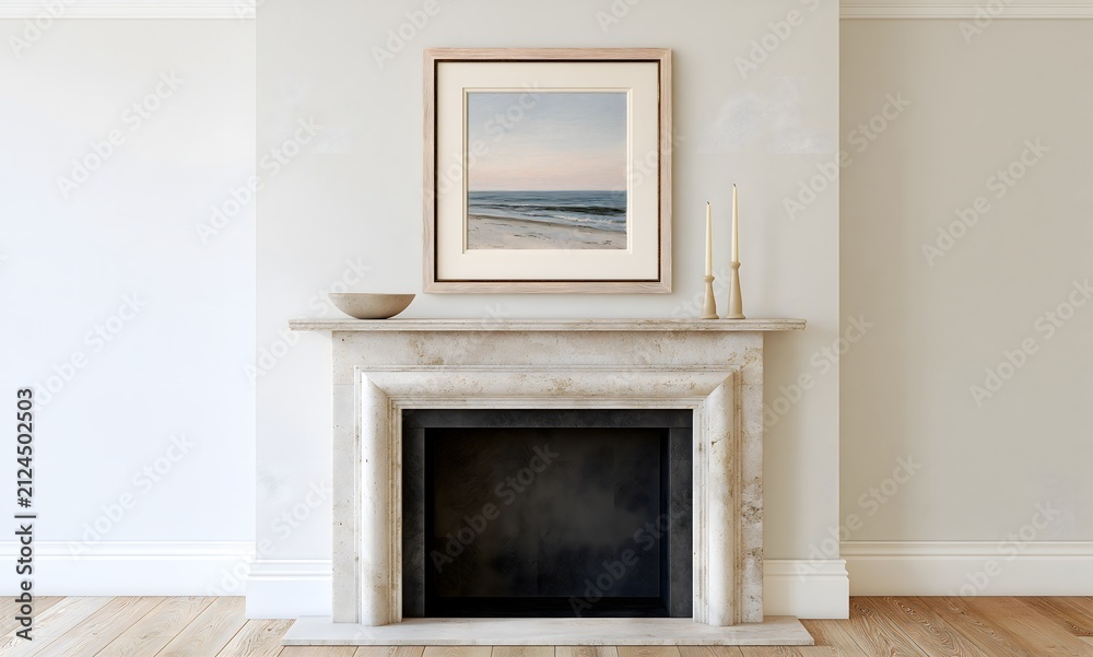Obraz premium a vertical pale weathered-oak frame with a thin antique-brass inner edge and a warm ivory mat, centered above a simple plaster-white fireplace with an aged limestone mantel and dark firebox