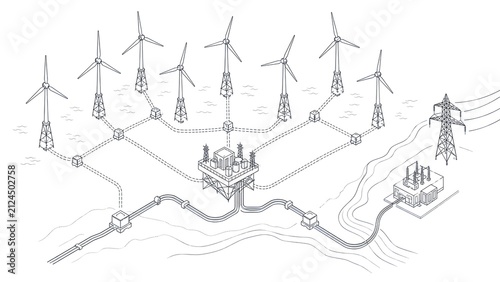 Offshore Wind Farm Electrical Grid with Subsea Cable Network and Offshore Substation Technical Line Art Vector Illustration for Renewable Energy Infrastructure