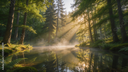Sunlit forest with misty stream