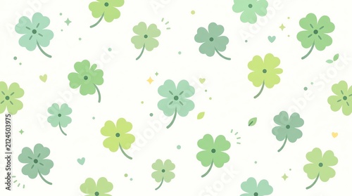 Seamless pattern of green four-leaf clovers on white background.