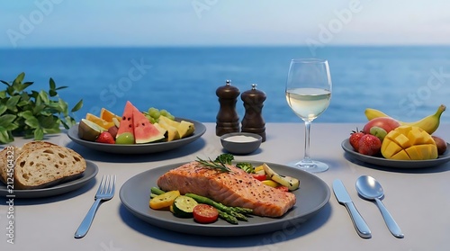An elegant seaside dining inspiration featuring a freshly grilled salmon fillet served with roasted vegetables, fruit plates, and white wine overlooking the ocean