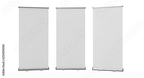 Three blank roll up banner stands for business advertising isolated on transparent background