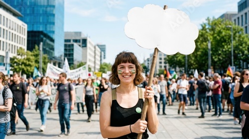 Smiling young activist woman holding a blank white cloud shaped sign during a peaceful climate change protest in the city streets representing youth empowerment and social environmental movements now.