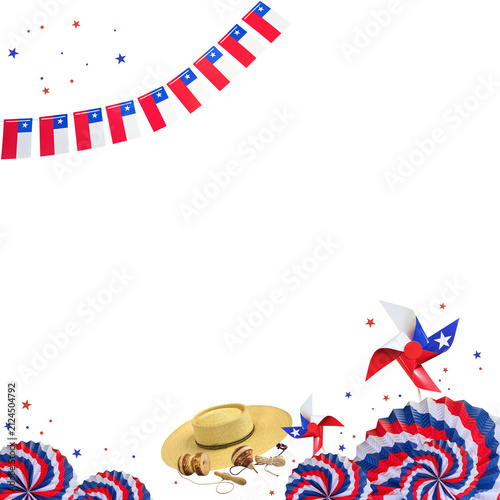 Chilean flags, chupalla, traditional games, and patriotic decorations forming a border on transparent background