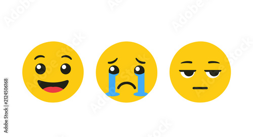 Three emoji faces showing happy, crying, and unamused expressions, emoji reaction icons, yellow emoticon set, smiley face emotions, cartoon emoji collection, facial expression emojis, happy sad neutra