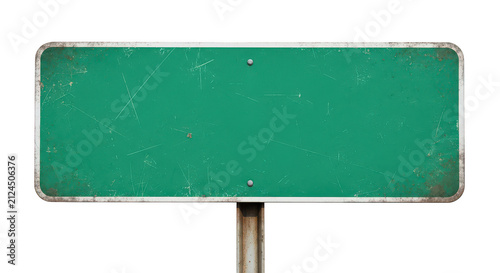 Old empty green metal road sign on a rusty pole isolated on transparent background