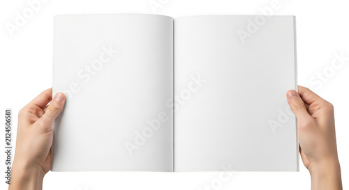 Hands holding an open blank white magazine or book isolated on transparent background