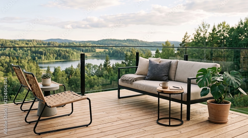 Fototapeta premium Modern Wooden Balcony Deck with Luxury Sofa Set and Scenic Lake View