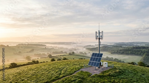Solar powered internet tower on a hill. Remote telecommunications relay station at sunrise.