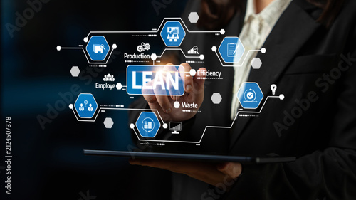 Quadro su tela Professional illustrates lean methodology using digital interfaces, highlighting key concepts such as efficiency, waste reduction, and employee engagement for optimal production