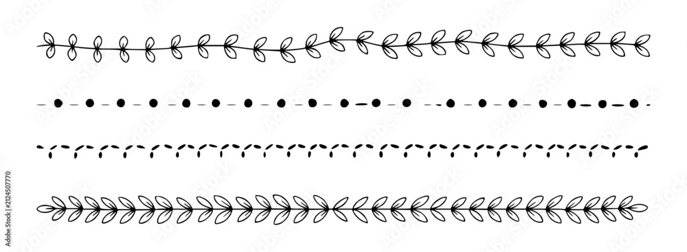 Fototapeta premium 植物の葉とドット模様の手書き区切り線イラスト | Fine Hand Drawn Botanical Leaf Vines and Decorative Dashed Border Lines Vector Set