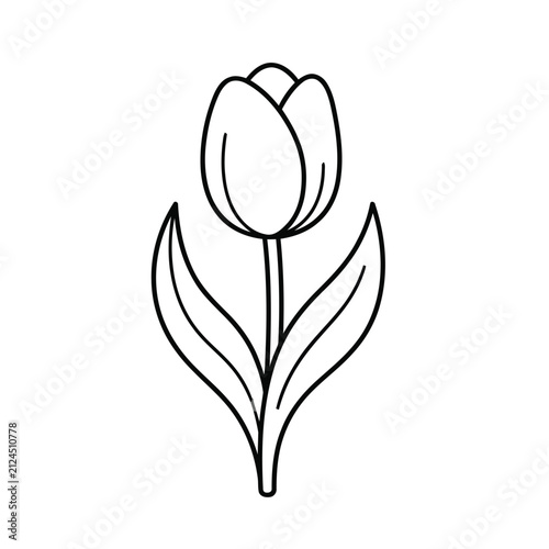 Black and white outline drawing of a tulip flower