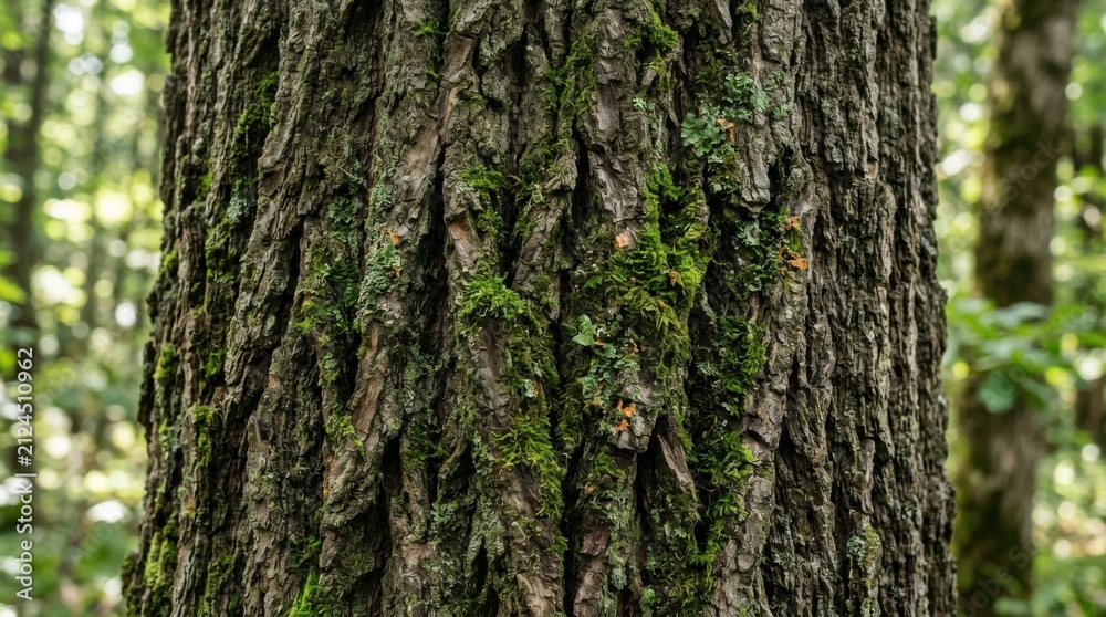 Fototapeta premium Close up of rough textured bark on a large tree trunk in a forest.