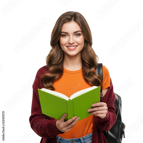 Happy female student holding a green book with a backpack isolated on transparent background