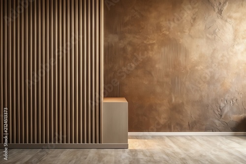 Modern Minimalist Interior Design with Textured Wall and Wooden Paneling Featuring a Neutral Color Palette and Simple Lines Creating a Serene and Elegant Atmosphere