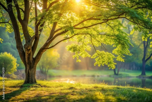 Golden Sunlight Illuminates Lush Green Foliage of a Majestic Tree by a Serene Waterway