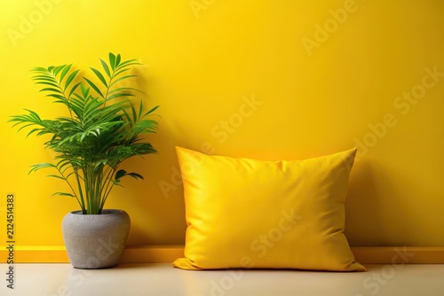 Vibrant Yellow Room Decor Featuring a Plush Cushion and a Potted Indoor Plant Against a Sunny Wall