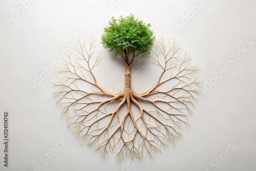 A lush green crown atop extensive, sprawling root system, a symbolic representation of growth, resilience, and interconnectedness