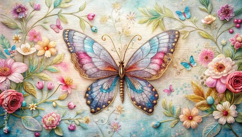 Ornate Butterfly amidst a Flourishing Floral Tapestry, a Delicate and Vivid Artistic Composition