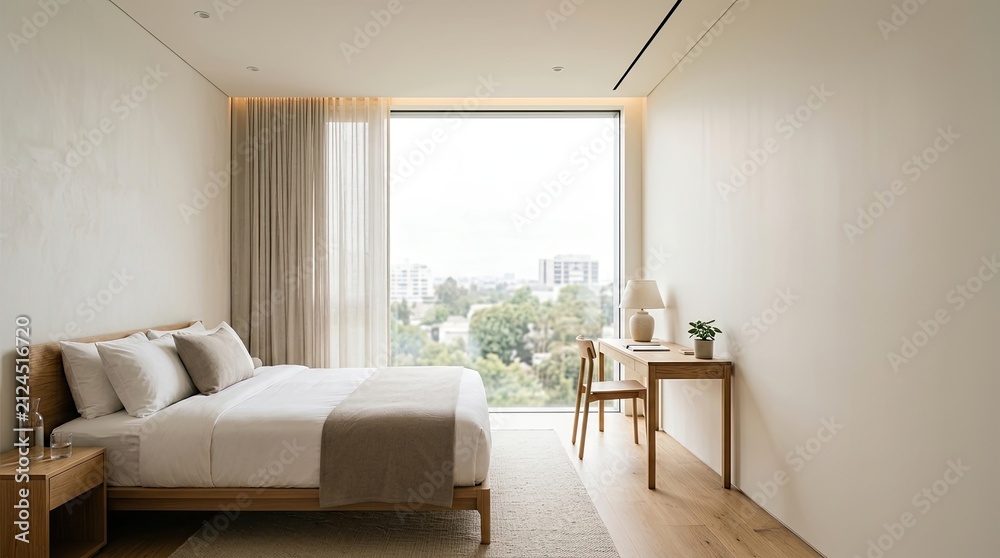 Fototapeta premium A serene bedroom features a bed with white linens and a wooden nightstand. A simple desk with a chair sits near a large window offering a view of a city skyline.