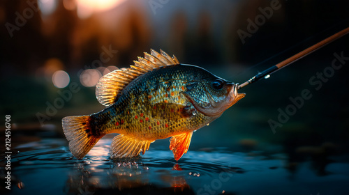 Freshwater perch fish caught on fishing hook at sunset with fishing rod, wildlife