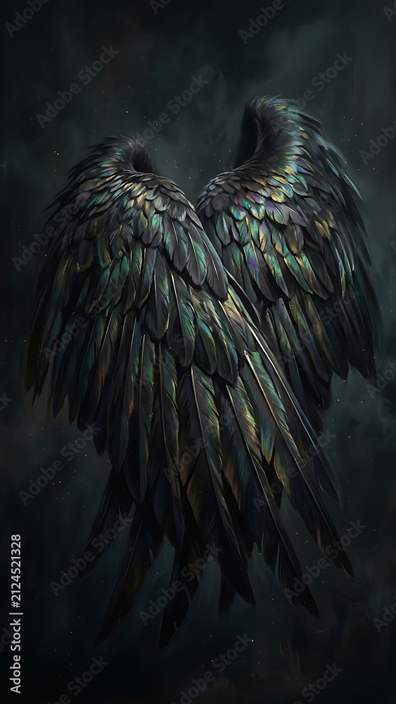 Fototapeta premium Exquisite pair of dark iridescent wings featuring realistic feather textures and subtle color shifts. This high-resolution digital illustration is perfect for fantasy concept art, gothic designs, and 