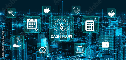 Фотография Digital Concept of Cash Flow Management with Finance Icons and City Skyline at Night