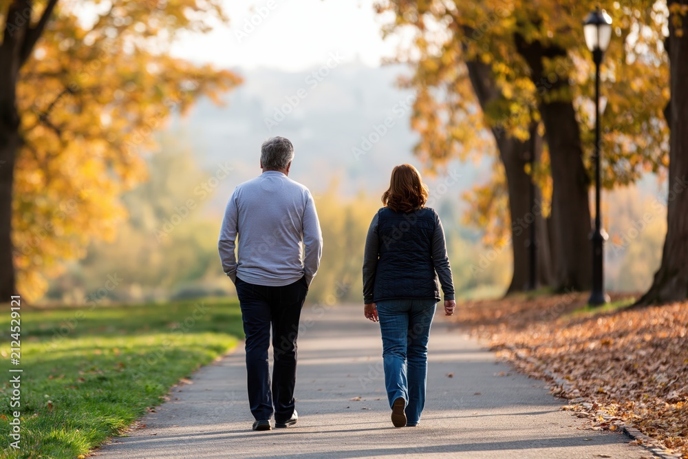 Obraz premium Couple walking away on a paved park path surrounded by vibrant autumn fall trees