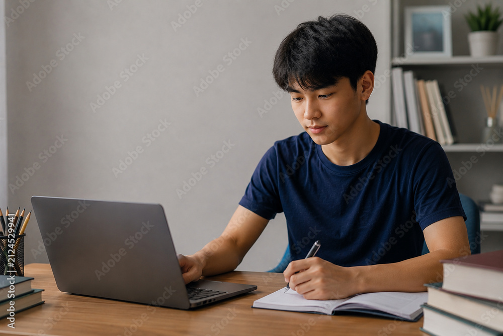 Fototapeta premium AI generated student preparing for exams adaptive learning support using laptop notebook to improve focus confidence study efficiency academic success