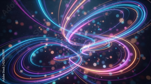 Abstract Swirling Neon Light Streaks and Bokeh Particles on Dark Background