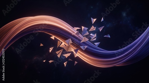 Glowing wave with scattered geometric triangles in dark abstract cosmic background