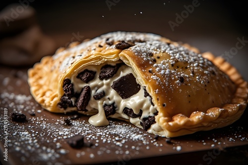 cookies and cream empanada on a dark wooden cutting board