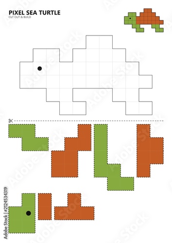Pixel art sea turtle template with color grid patterns_cut out and build 