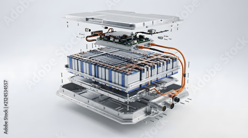Exploded Electric Vehicle Battery Pack Rendering with High Voltage Battery Modules Copper Busbars and Cooling System Integration