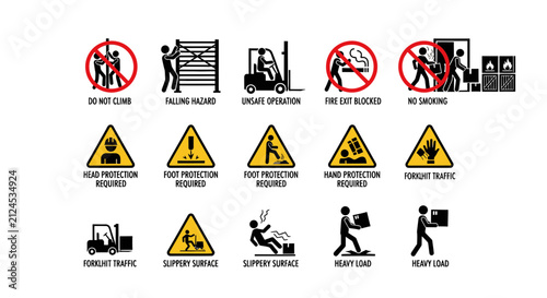 Warehouse Safety Signs and Industrial Warning Icons Set