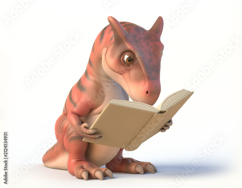 Cute cartoon dinosaur reading an open book for education and learning literature concept 3D rendering isolated on white background