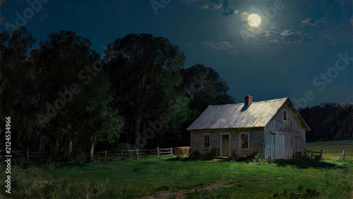 Moonlit countryside farmhouse with warm lights, evening rural landscape under starry sky, oil painting style