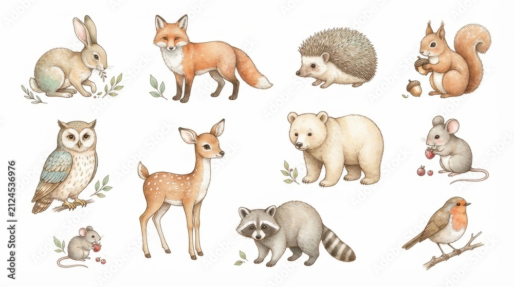 Fototapeta premium Adorable Forest Animals Collection: Fox, Rabbit, Bear Cub, Owl, Deer, Squirrel, Hedgehog, Raccoon, Mouse, Robin
