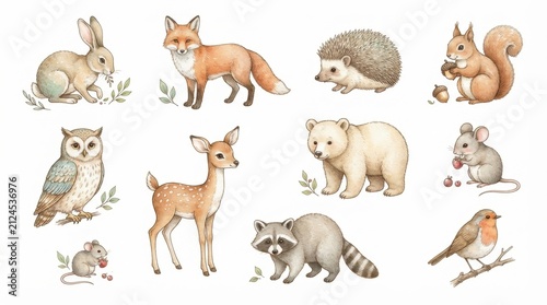 Adorable Forest Animals Collection: Fox, Rabbit, Bear Cub, Owl, Deer, Squirrel, Hedgehog, Raccoon, Mouse, Robin