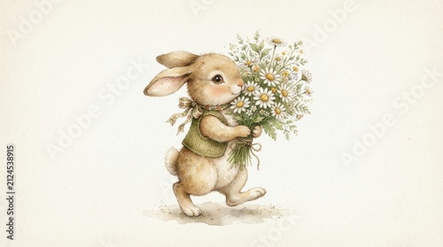 Adorable Watercolor Bunny Holding a Bouquet of Daisies, Cute Easter Illustration