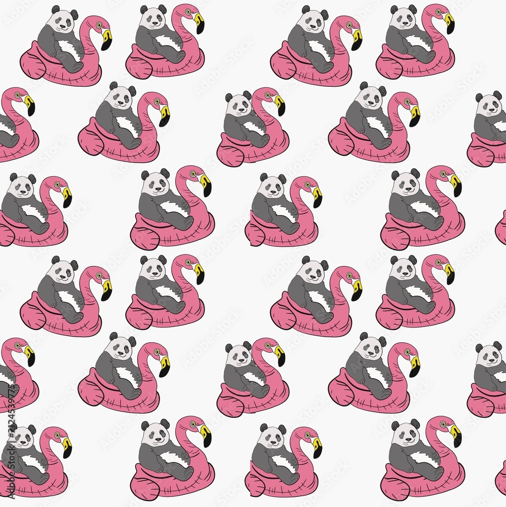 Obraz premium Cute cartoon panda bear and egret, pink and black color palette, beautiful textured seamless pattern design.