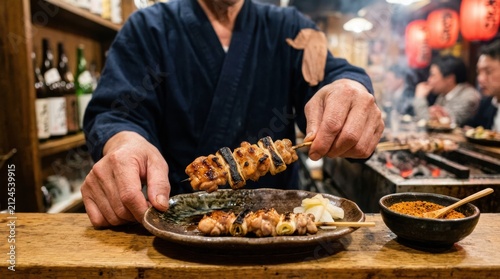 A close-up of a chef's hands placing a freshly grilled yakitori skewer on a plate, the meat glistening, the scallions charred. A small bowl of shichimi togarashi (seven-spice blend) is nearby.