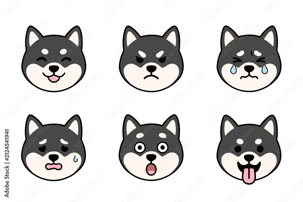 Fototapeta premium Cute black shiba inu face icons 6 expressions set