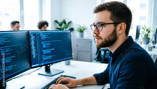 Young male software engineer coding on desktop computer in modern bright office.  Professional developer writing program code looking focused on dual monitors in open-plan workspace. 