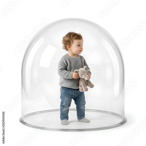 Young Child Standing Inside Transparent Dome Holding Plush Toy.