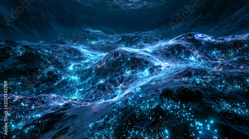 an immense ocean trench illuminated by thousands of glowing bioluminescent creatures, vibrant blue and cyan lights contrasting with absolute darkness, surreal yet scientifically believable.