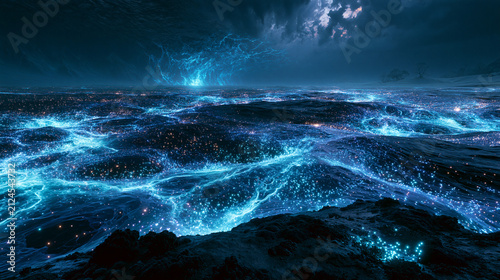 an immense ocean trench illuminated by thousands of glowing bioluminescent creatures, vibrant blue and cyan lights contrasting with absolute darkness, surreal yet scientifically believable.