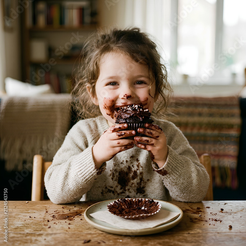 Young Girl Enjoying Chocolate Cake at Home.